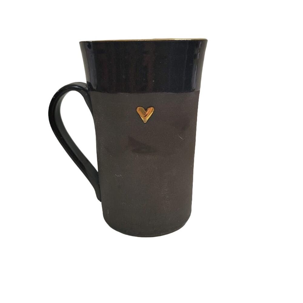 Handmade Art Pottery black matte gloss tall mug cup gold rim heart